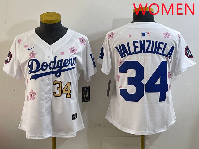 Women Los Angeles Dodgers #34 Valenzuela White Sakura Edition 2025 Nike MLB Jersey style 6